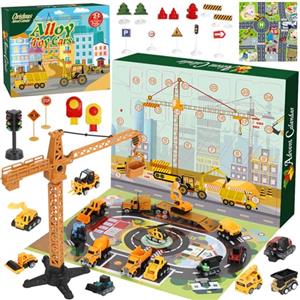 CXCOSRY Calendar Construction for Kids: 24 Engineering Car Toys, Fire camion, Mixer camion, SUV, Road Signs - Educational Gift for Boys