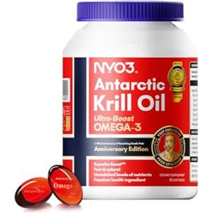NYO3 Olio di Krill 1000mg Omega 3 EPA & DHA, Olio di Krill Antartico puro con Astaxantina, supporta il cervello, la pelle e il sistema immunitario, testato in laboratorio,90 capsule molli