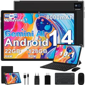 Biegedy Tablet 10 Pollici Tablets Android Octa-Core 2.0 GHz, 22GB RAM+128GB ROM (1TB TF) 5G/2.4G WiFi 6, Widevine L1/GMS/Involucro in metallo/BT5.0/8000mAh/5+8MP, Tablet con Tastiera e Mouse - Nero