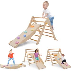 Forroby 4 in 1 Arrampicata per Bambini, Triangolo di Arrampicata Pieghevole con Scivolo, Arco di Arrampicata, Tavola di equilibrio in legno, Scivolo per Bambini da Casa Interno,Giochi Montessori 1+ Anni