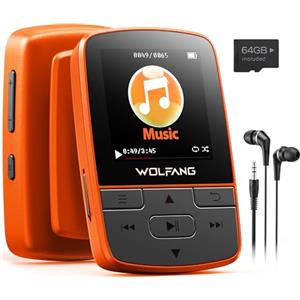 WOLFANG Lettore MP3 da 64 GB con Bluetooth 5.2, clip sportiva, formato mini, peso 28,3 g, radio FM HiF, registratore vocale, auricolari inclusi, arancione
