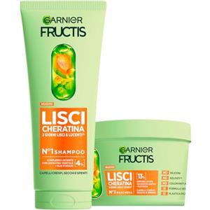 Garnier Fructis Lisci Cheratina Kit Shampoo 200ml + Maschera 370ml Trattamento Lisciante Formula Vegana con Cheratina Vegetale e Olio di Argan per Capelli Spenti e Secchi - Set da 2