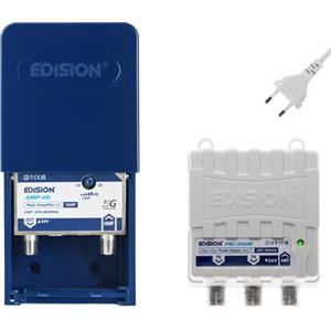 EDISION MAK-100 Kit: Amplificatore Antenna TV da palo 1UHF, 10-25db, 107dBmV, 24V, per Digitale Terrestre DVB-T/T2, con filtro 5G LTE + Alimentatore 24V 200mA F 2 uscite