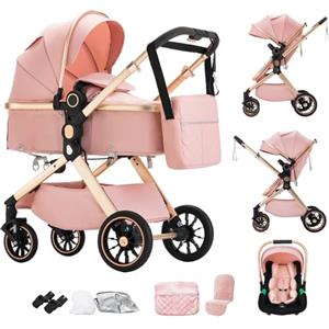 Shineey Passeggino trio,combinazione carrellino per bebè 3 in 1 passeggino cittadino con buggy pieghevole di con carriola per alta vista portatile neonato (U9-X//PINK, U9-X)