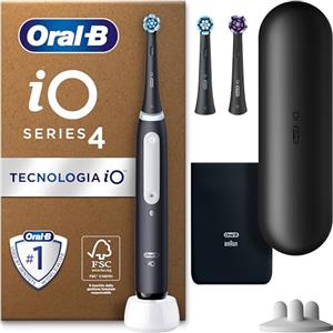 Oral-B Spazzolino Elettrico Ricaricabile iO 4N, Sensore di Pressione, Connessione Bluetooth, 4 Modalità di Spazzolamento, 3 Testine, 1 Spazzolino, 1 Custodia da Viaggio, Nero, Idea Regalo