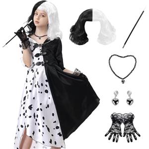 IEEILULU Cruella Costume Bambina, Vestito Crudelia Demon Donna, Costume da Crudelia Deville per Ragazze, Buono per il Ragazze Cosplay di Halloween - il Carnevale del Male (Stile con Cappuccio 130)