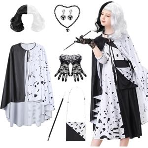 IEEILULU Cruella Costume Bambina, Vestito Crudelia Demon Donna, Costume da Crudelia Deville per Ragazze, Buono per il Ragazze Cosplay di Halloween - il Carnevale del Male (Stile Mantello 130)