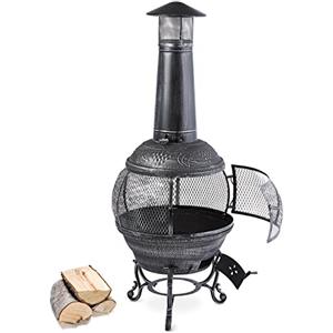 Blumfeldt Flavius - Camino da Giardino, Caminetto in Ghisa e Acciaio, Design Decorativo Antico, 55 x 140 cm, Sguardo a 360° sulle Fiamme, Grata a Rete Protettiva, Porta Richiudibile, Argento