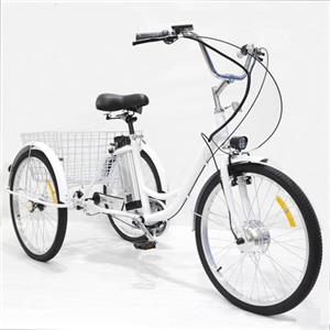 BoluDukNN Triciclo Elettrico per Adulti, Bicicletta a 3 Ruote Da 24 Pollici, Batteria Al Litio Rimovibile Da 36 V E 12 Ah, Con Cestino Di Grandi Dimensioni, Carico 150 Kg White-A