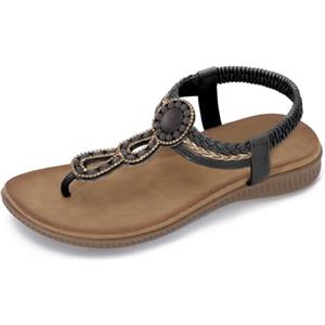 EVEOUT Sandali Piatti Donna con Strass Comodi Infradito Bohemien in Pelle per Estate per Spiaggia,Viaggio e Quotidiano