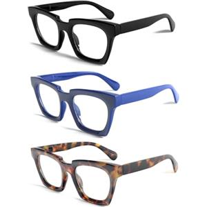 KoKoBin 3 confezioni di occhiali da lettura stile Oprah per donne e uomini anti luce blu occhiali quadrati di moda (Nero, blu, marrone leopardato, 3, x)