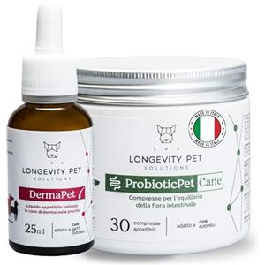 LPS Soluzione Prurito | ProbioticPet Cane 30 Cpr per Prurito, Dermatite, Digestione + DermaPet Integratore Dermatite per Cute Cani e Gatti | Probiotici per Cani e Gatti | Azione Sinergica - Longevity Pet