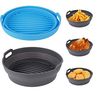 MOACC Teglie in Silicone per Friggitrice ad Aria, 2 Pezzi Teglia Cestello Accessori per Air Fryer Contenitori Riutilizzabile Rotonda Tappetino Stampi Per Airfryer, Microonde, Forno (Grigio+Blu)