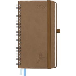 FEKSINO Agenda Settimanale 2026 Spirale, A6 18 x 9,8 cm Diario Piccola 12 Mesi da Gen a Dic 2026, Copertina Morbida in Pelle PU e Carta Spessa da 100 GSM,Marrone