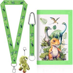 TCRZHHRX Portafoglio Dinosauro per Bambini (5-12 Anni), Borsa a Tracolla + Portachiavi con Peluche Dino + 2 Cinghie Organizzati per Carte/Monete, Ragazzo Regalo per Scuola