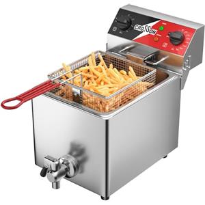 CROSSON Friggitrice Commerciale 6 Litri,Friggitrice Elettrica ad Olio da Inox 3000W con Coperchio,con Rubinetto di Scarico,Controllo Tempo e Temperatura 80-200°C,per Cucina Ristorante
