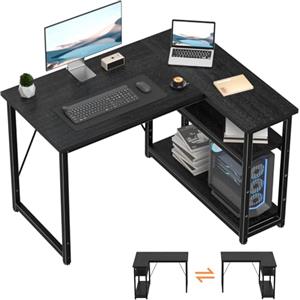 TRIUMPHKEY Scrivania ad Angolo Reversibile 100 x 80cm, Scrivania a Forma di L con Ripiani,Tavolo da Lavoro,Struttura in Acciaio, per Computer, Ufficio, Studio and Soggiorno, Nero