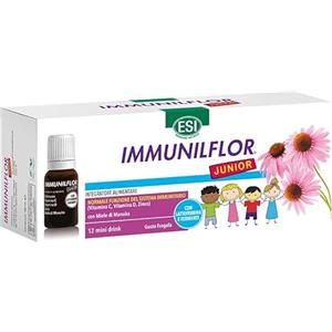 ESI, Immunilflor Junior, Integratore Alimentare per Favorire le Difese Immunitarie dei Bambini, con Echinacea, Zinco, Fermenti Lattici, Vitamina C, Vitamina D e Miele, 12 Mini Drink Gusto Fragola