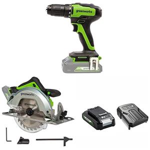Greenworks GD24DD35 Trapano Brushless 24V + GD24KS Sega Circolare 24V + Batteria 2Ah + Caricabatterie, 35Nm, 4500giri/min, SENZA Batteria, Garanzia 3 Anni