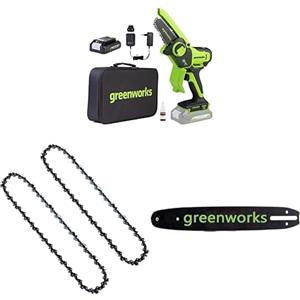 Greenworks 24V Mini motosega 10cm a batteria senza filo alimentata da una batteria da 2Ah + Greenworks Catena motosega 2 pack per 4-Inch (10cm) + Greenworks 10cm barra a catena