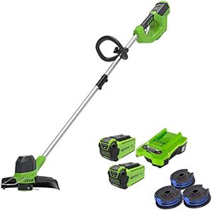 Greenworks 40V Tagliabordi a Batteria per Giardini Medi, Batteria 40V 2x 2Ah e Caricabatterie + 3 pezzi rocchetto doppio filo (blu)