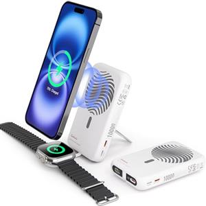 Galeces Portable Charger for iPhone & Apple Watch,10000mAh Travel Battery Pack for Magsafe PD20W Fast Charging Powerbank,with USB C in & out and LED Display Power Bank for iPhone16/15/14/13/12(White)