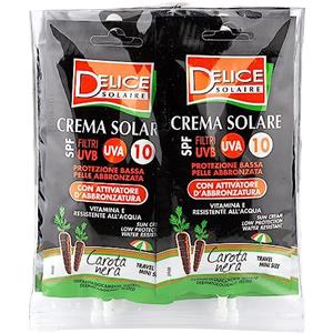 Delice Solaire Crema Solare Mini Size, Protezione Bassa SPF10+, con Attivatore d'Abbronzatura Carota Nera, Resistente all'Acqua, Dermatologicamente Testato - 6 Bustine x 50ML