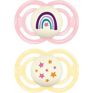 MAM Perfect Night Confezione Doppia Succhietto 6+ Mesi (Set da 2), Ciuccio MAM 6-16 mesi che si illumina al buio, Accessori neonato in silicone per lo sviluppo orale con porta ciuccio, Rosa/Giallo