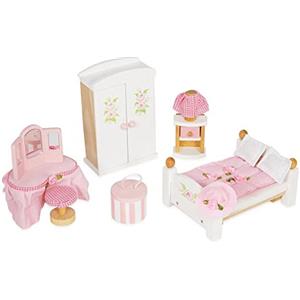 Le Toy Van - ME057 - Camera da letto per casa delle bambole, 3 anni, Set mobili di legno 19 pezzi, giocattoli ecologici, Montessori, include letto matrimoniale, toeletta, armadio, comodino, accessori