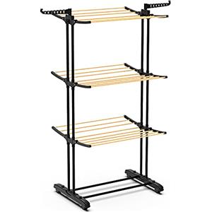 VOUNOT® Stendino Verticale a Torre, Appendiabiti con Ruote, Stendibiancheria Pieghevole Metallo con 6 Ripiani Regolabili, Aspetto Legno, 3 Livelli