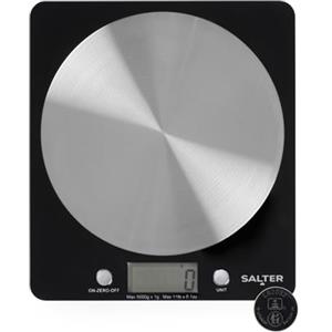 Salter 1036 BKSSDR - Bilancia elettronica a disco, vista in TV, design elegante e sottile, piattaforma in acciaio inox filato, aggiungi e pesa liquidi, capacità max di 5 Kg, Nero/cromato