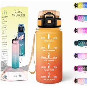 Motswedi Borraccia, 500ML Con Paglia, Borraccia Bambini, Senza BPA, Borracce con Cannuccia, Bottiglia d'acqua Motivazionale con Indicatore del Tempo, Bottiglia Acqua per Scuola, Sport - Giallo&Arancione