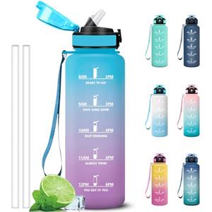 Grsta Borraccia 1,5 litri, Borraccia Palestra con Cannuccia, Facile da Pulire, Borracce Graduata, Bottiglia con Indicatore del Tempo Motivazionale per Viaggio, Corsa, Fitness