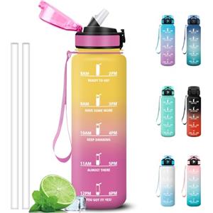 Grsta Borraccia 1 litro, A Prova di Perdite Borracce con Cannuccia, Borraccia Palestra con Indicatore del Tempo, Facile da Pulire, Bottiglia Motivazionale per Yoga, Ufficio, Fitness