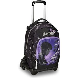 Seven Trolley Scuola Jack 3 Ruote, MERCOLEDÌ - BE THE STRANGE YOU WANT TO, Nero Viola - 3 in 1, Triplo Uso, Zaino Con Carrello Sganciabile, Tasca Porta Borraccia, Zaino Scuola Ragazza