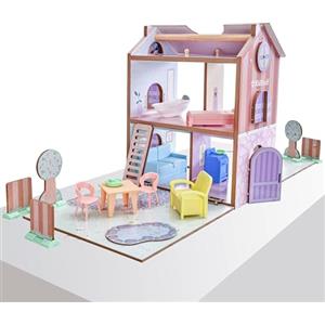 KidKraft Casa delle Bambole in Legno Play & Store Cottage con Accessori e Mobili, Set da Gioco a 3 Piani per Mini Bambole di 12 cm, Giocattolo per Bambini, 20510
