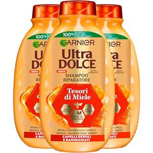 Garnier Ultra Dolce Shampoo Riparatore per Capelli Spezzati Sfibrati Deboli Danneggiati con Doppie Punte Tesori di Miele con Mieli di Manuka Acacia Lavanda - 3 Flaconi da 400ml