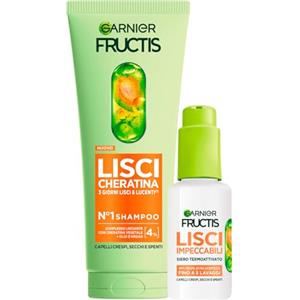 Garnier Fructis Lisci Cheratina con Shampoo 200ml Trattamento Lisciante per Capelli Secchi e Spenti + Siero Termoprotettore Lisci Impeccabili 50ml per Capelli Crespi Protegge Fino a 230°C - Set da 2
