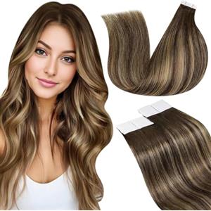 LaaVoo Extension Capelli Veri Biadesivo 20pz Balayage Marrone Scuro Mix Biondo Caramello Umani Lisci Remy Extension Biadesive Capelli Veri Invisibile Adesive 30cm 30g #4/27/4