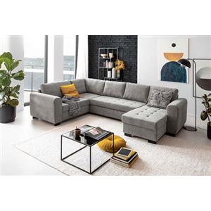 AVANTI TRENDSTORE - Merlino - Divano con funzione letto e cassettone integrato in 100% poliestere, grigio, con penisola destra. Dimensioni ca. 201x309x152 cm