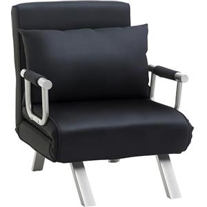 HOMCOM Poltrona Letto Singolo 3 in 1 con Schienale Reclinabile su 5 Livelli e Cuscino, Divano Letto Singolo Pieghevole per Soggiorno e Salotto in Pelle Scamosciata e Metallo, 65x69x80 cm, Nero