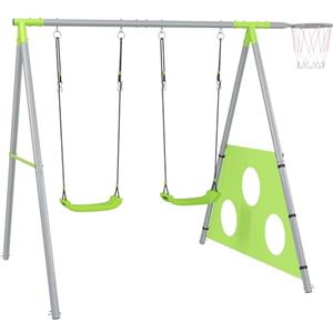 AIYAPLAY Set Altalene da Giardino 3 in 1 per Bambini 3-8 Anni con Altalena per Bambini, Canestro da Basket e Porta da Calcio, Gioco per Bambini con Telaio ad A in Metallo per Uso Esterno, Carico 90kg