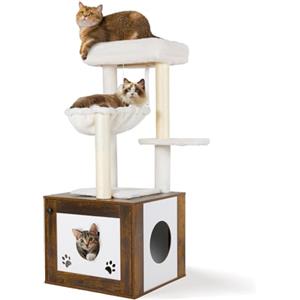 MAMIZO Tiragraffi con Mobile per Lettiera,Albero per gatti moderno2 in 1,alto 119 cm,cuscini in peluche lavabili,mobili per gatti,tiragraffi in legno,pali in sisal,amaca per gatti,legno di tigre