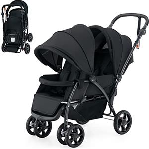 COSTWAY Passeggino Doppio Pieghevole per Bambini, Passeggino Gemellare Pieghevole, con Seduta in Tandem e Tettuccio, Schienale Regolabile, Ruote Bloccabili e Antiurto, Portata Totale 30 kg (Nero)