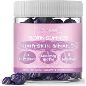 CALIU GUMMY | Gommose Biotina 6000 mcg | Capelli, Pelle e Unghie | 90 Gommose | 3 Mesi | Con Collagene, Acido Folico, Vitamine A-B-C-E | Senza Zuccheri | Integratore Multivitaminico | Gusto Mora