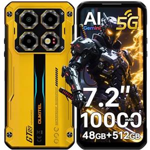 OUKITEL WP60 Rugged Smartphone 5G, 48GB+512GB Telefono Indistruttibile, 7.2" HD+ Rugged Phone, 10000mAh Cellulare Antiurto, 108MP+32MP, Dimensity 7025, 5G Dual SIM/Face ID/NFC/Fingerprint, Giallo