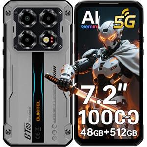 OUKITEL WP60 Rugged Smartphone 5G, 48GB+512GB Telefono Indistruttibile, 7.2" HD+ Rugged Phone, 10000mAh Cellulare Antiurto, 108MP+32MP, Dimensity 7025, 5G Dual SIM/Face ID/NFC/Fingerprint, Argento
