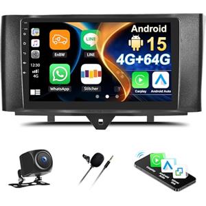 CAMECHO 4G+64G 8Core Qualcomm Android 15 Autoradio per Mercedes Benz Smart Fortwo W451 2011-2015 con Carplay Android Auto, Schermo Auto da 9 Pollici 2Din con GPS WIFI BT FM/RDS DSP SWC Retrocamera+MIC