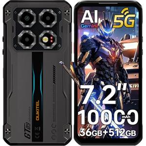 OUKITEL WP60 Rugged Smartphone 5G, 36GB+512GB Telefono Indistruttibile, 7.2" HD+ Rugged Phone, 10000mAh Cellulare Antiurto, 108MP Telefono Rugged, 5G Dual SIM/Face ID/NFC/Fingerprint, Nero