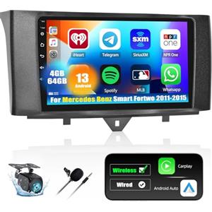 CAMECHO 4G+64G CAMECHO Android 15 Carplay Autoradio 2Din per Mercedes Benz Smart Fortwo W451 2011-2015 con Android Auto, Schermo Auto 9 Pollici con Mirror Link Bluetooth GPS WIFI FM/RDS EQ SWC AHD Retrocamera